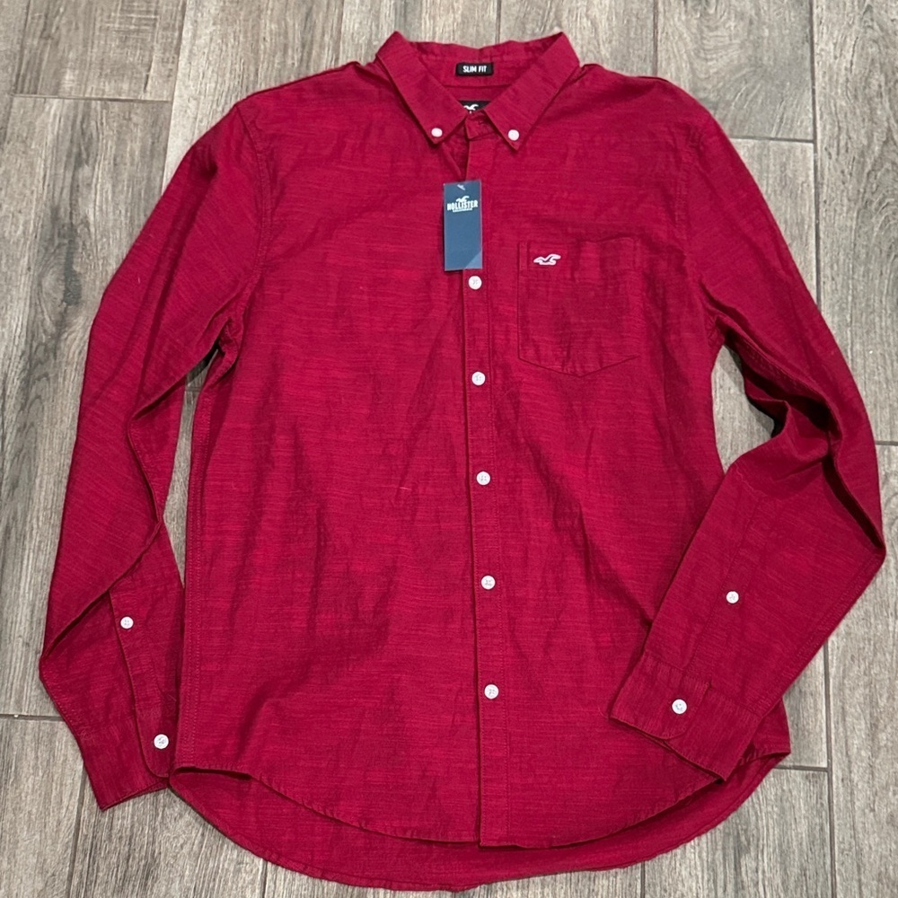 NWT Hollister Men's Epic Flex Slim Fit Deep Red Casual Button Down Shirt
